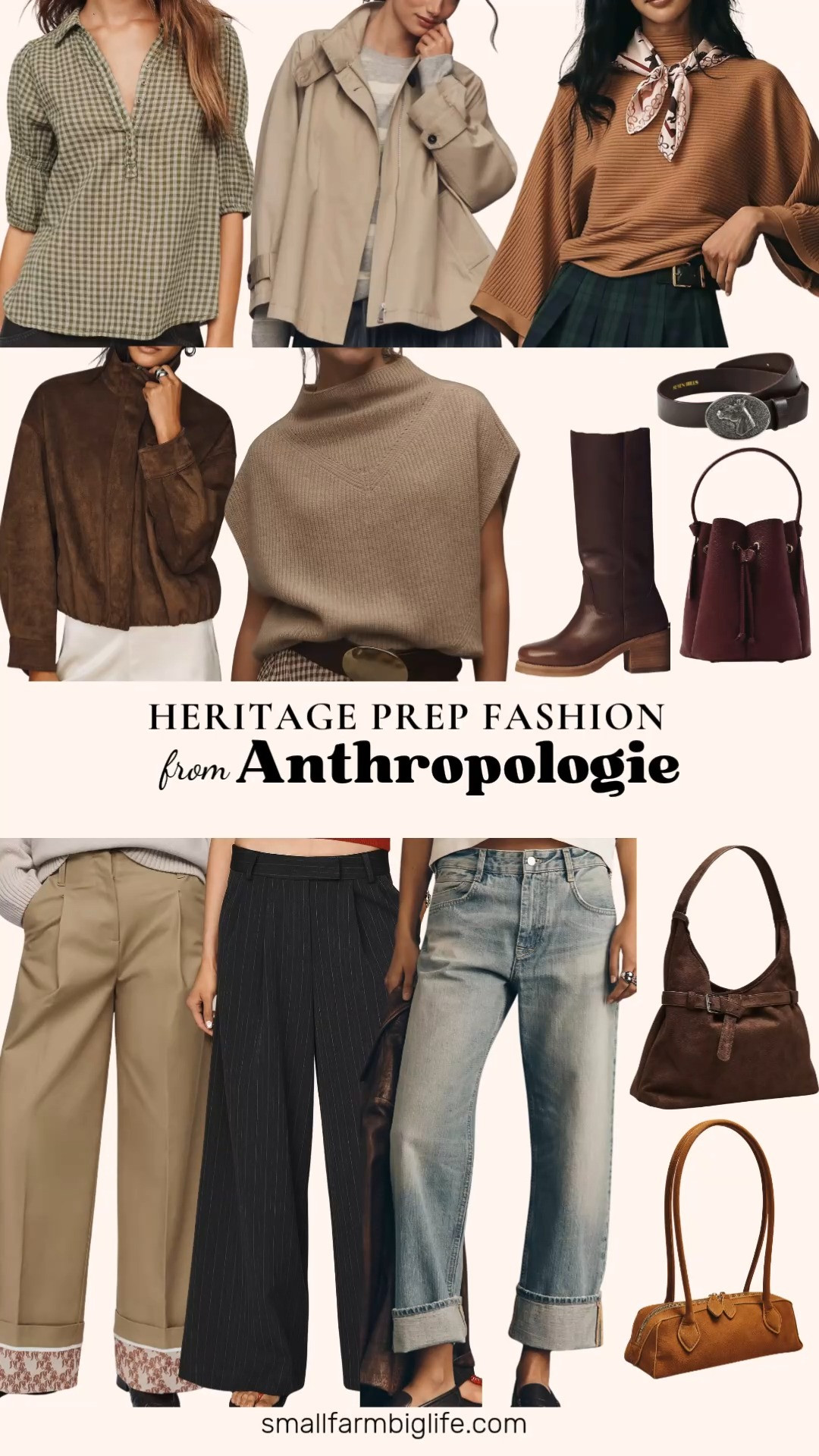 Heritage Prep Fashion From Anthropologie 🍂 This fall fashion haul is full of equestrian inspired heritage prep pieces in warm camel, tan, and chocolate tones. Layer up with a tan funnel neck cape jacket, an acorn faux suede funnel neck jacket, a beige 100% cashmere poncho sweater vest, or a true camel mock neck wide sleeve sweater. The beige khaki high cuff chino trousers and charcoal pleated pinstripe trousers are polished picks for business casual workwear, while the light denim boyfriend relaxed jeans and green gingham puff sleeve blouse keep weekends easy and preppy. Complete the look with brown Dingo 1969 Vagabond riding boots and a dark brown and silver horse buckle belt, then add a chocolate hobo tote, a tan pebbled faux leather east west bag, or a wine faux leather bucket bag. Classic, cozy, and perfect for fall outfits for women over 50 and beyond!

#anthropologie #anthropologiestyle #heritageprep #preppystyle #falloutfits 

 #LTKootd #LTKOver40 #LTKWorkwear