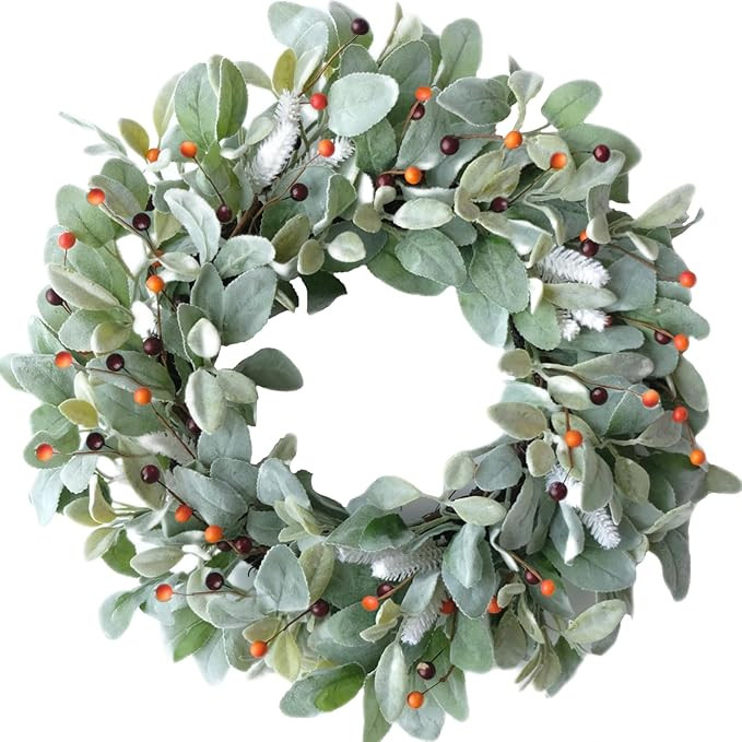 Egolot 20 Inch Green Lamb Ear Leaves Wreath with Cute Orange Pip Berries for Front Door, All The ... | Amazon (US)