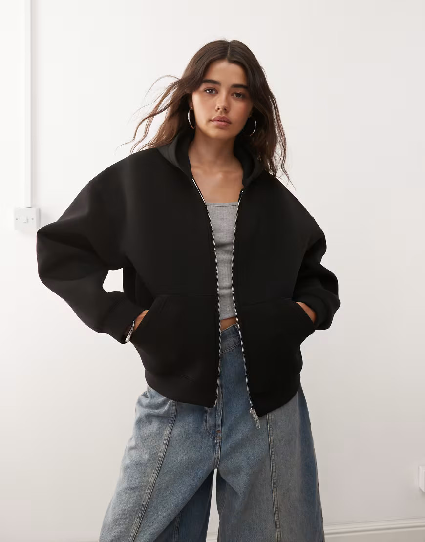 Weekday Scarlet oversized zip through hoodie in black in scuba-style fabric | ASOS (Global)