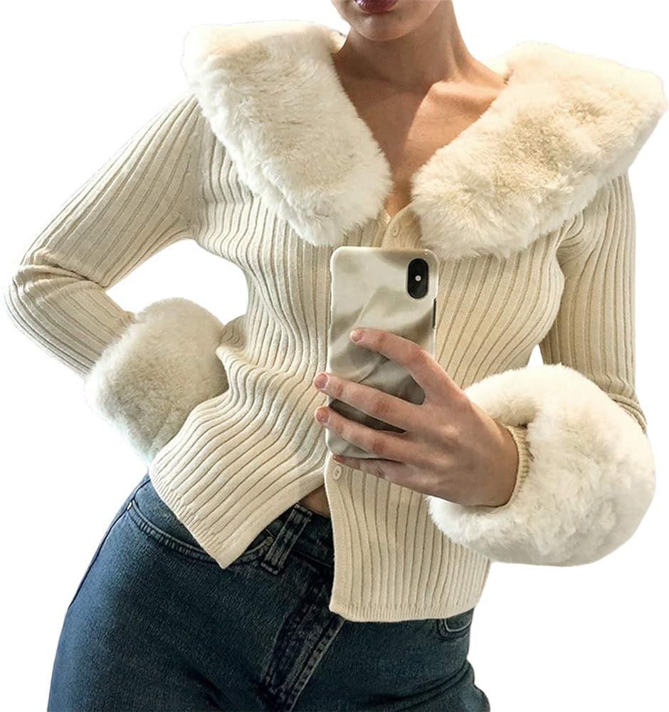Women's Fluffy Long Sleeve V-Neck Cropped Knit Cardigan Sweaters Solid Pullover Tops with Faux Fu... | Amazon (US)