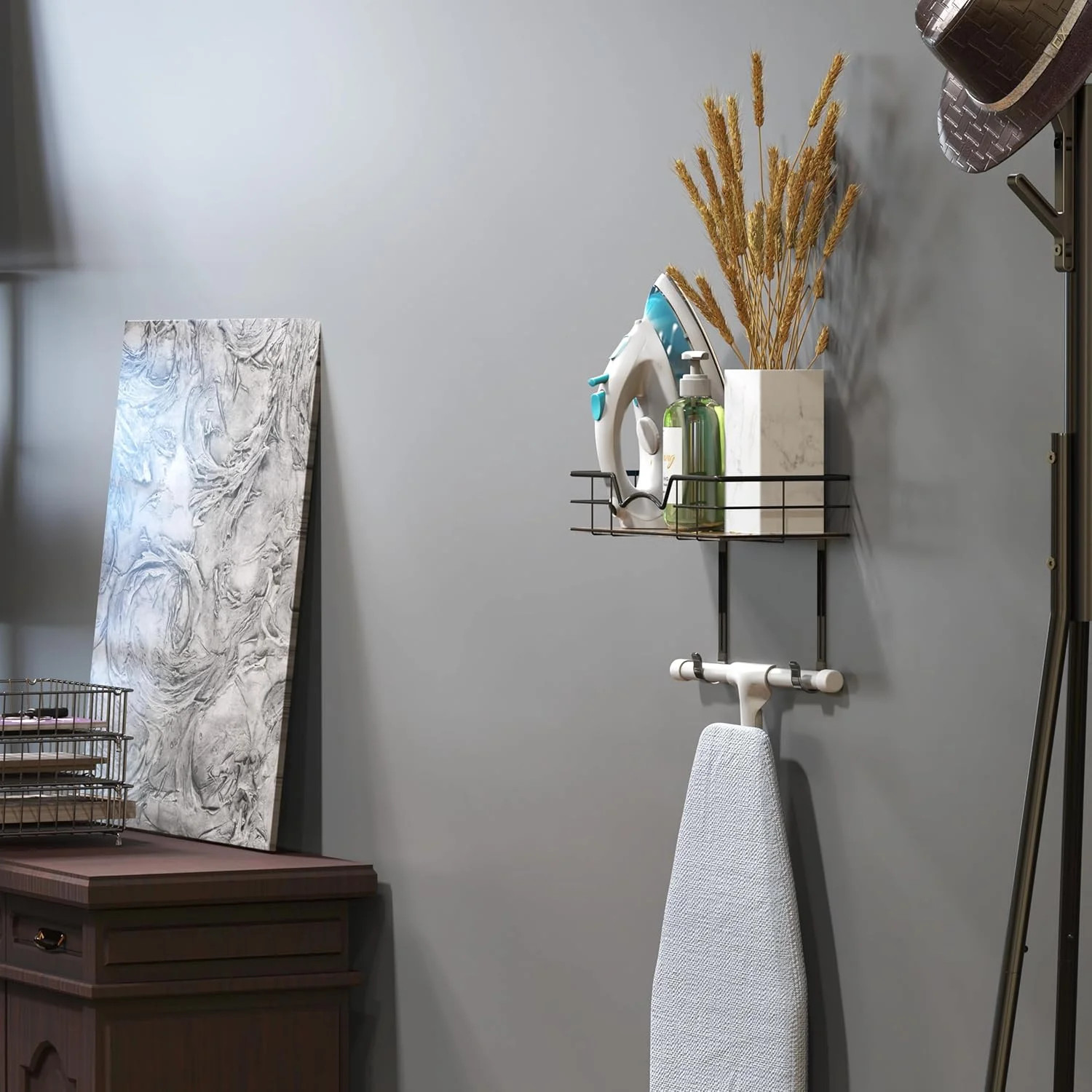 Wall Mount Ironing Board Holder With Hanger Storage Shelf, Black