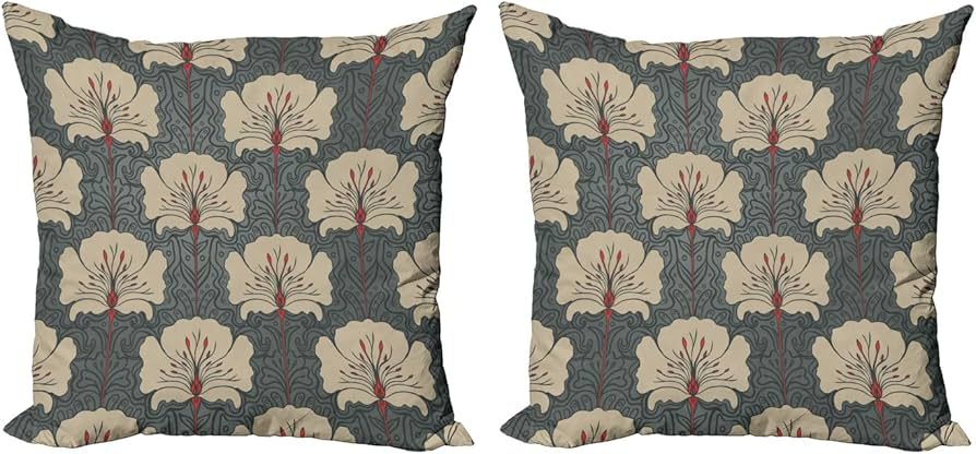 Ambesonne Floral Throw Pillow Cover Set of 2, Art Nouveau Style Romantic Poppy Flowers and Ornate... | Amazon (US)