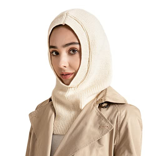 ZLYC Winter Knitted Winter Hat Windproof Hooded Scarf Balaclava Beanie Hat for Women (Solid White) | Amazon (US)