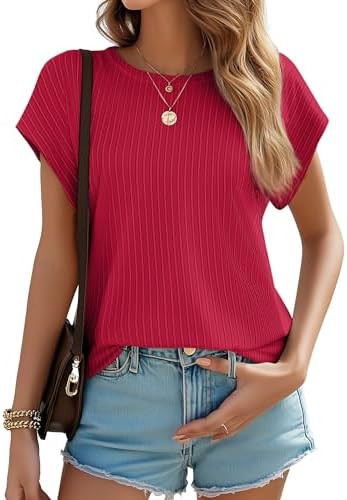 JUSTFASHIONNOW Womens Short Sleeve Blouses Business Casual Tops Crew Neck Basic Tees Textured Wor... | Amazon (US)