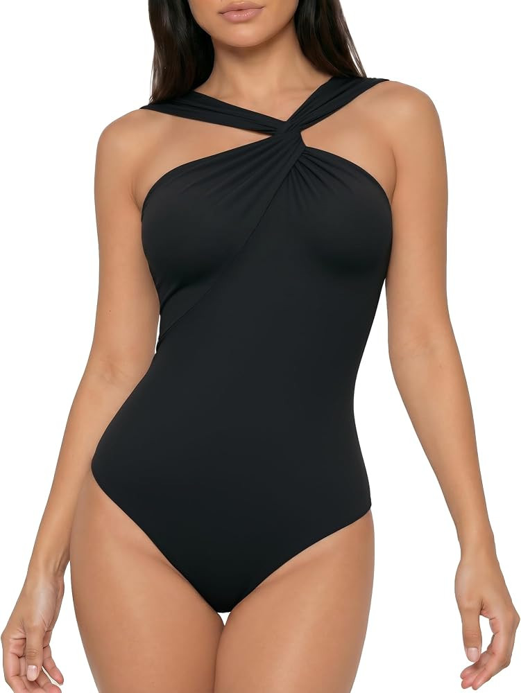 MANGOPOP Women's Twist Knot Asymmetrical Sleeveless Bodysuits Sexy Double Lined Thong Body Suit T... | Amazon (US)