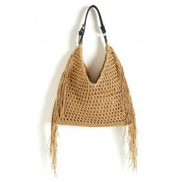 Fringe Trim Openwork Woven Straw Bag in Caramel for Beach Vacations & Resort Getaways | Chicwish