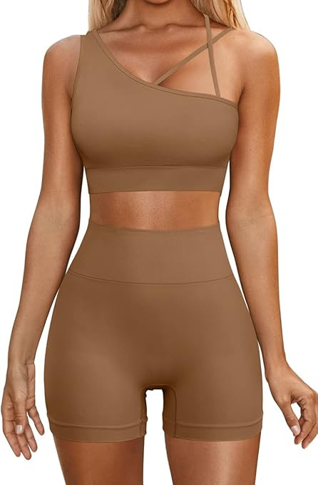 QINSEN Workout Sets for Women One Shoulder Sport Bra High Waist Booty Shorts Seamless Gmy Yoga 2 ... | Amazon (US)
