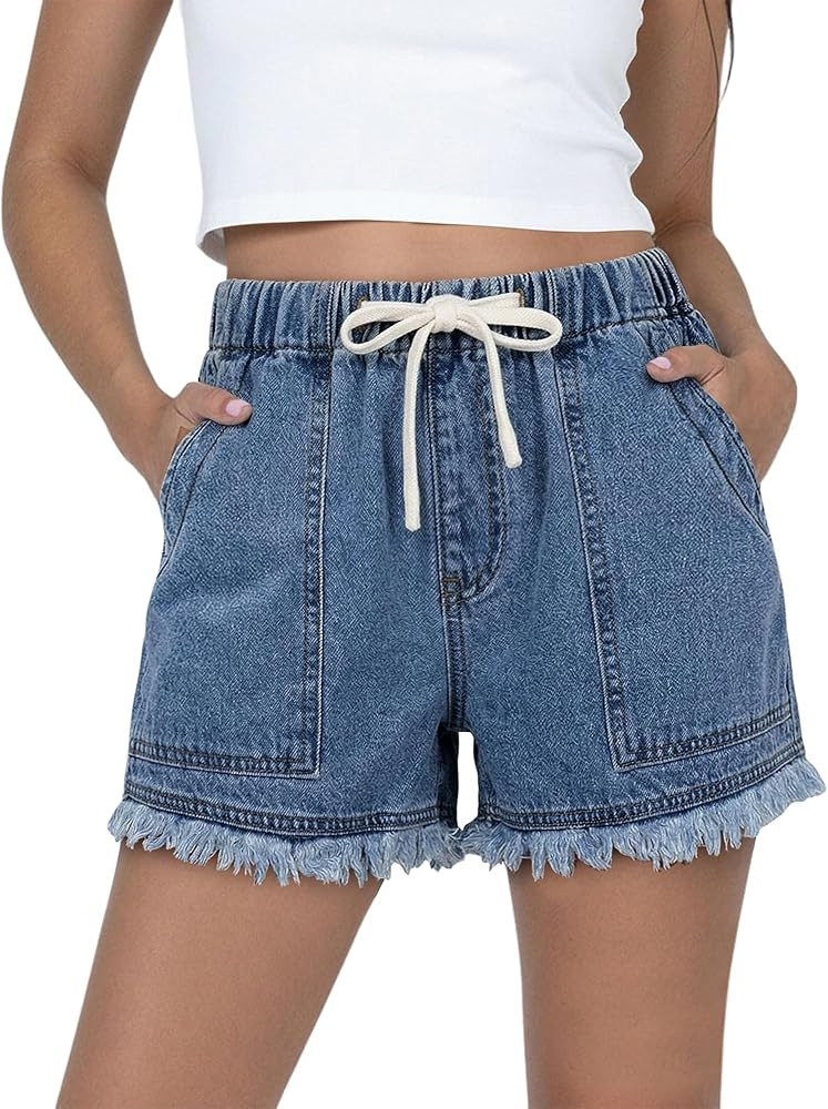 SANMM Jean Shorts Women High Waisted Drawstring Elastic Waist Summer Stretchy Denim Jorts with Po... | Amazon (US)