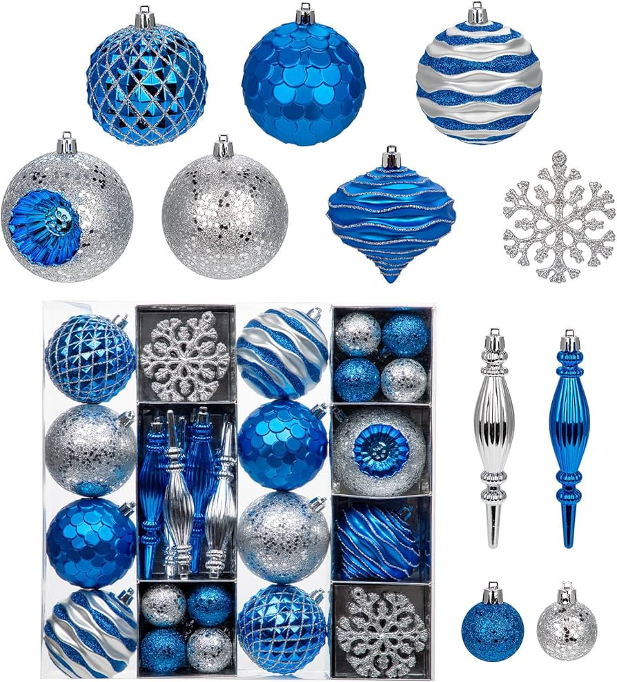 Hollyone Blue and Silver Christmas Balls Ornaments Set, 50pcs Large Glitter Shatterproof Christma... | Amazon (US)