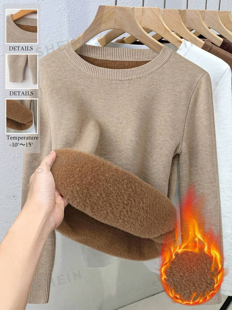 SHEIN Relaxiva Suéter de cuello redondo ajustado para mujer de manga larga acanalado con forro t... | SHEIN