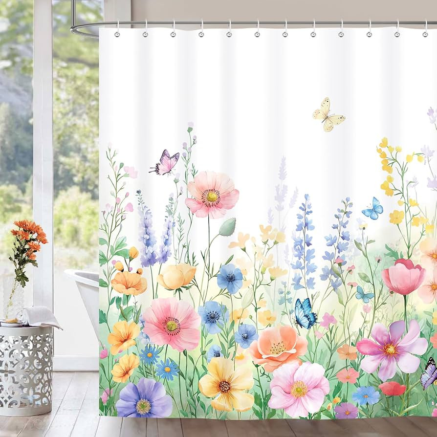 Wildflower Floral Shower Curtain, Watercolor Flower Butterfly Botanical Bathroom Curtain Fabric W... | Amazon (US)