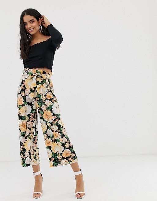 Miss Selfridge linen paperbag waist pants in floral print | ASOS US