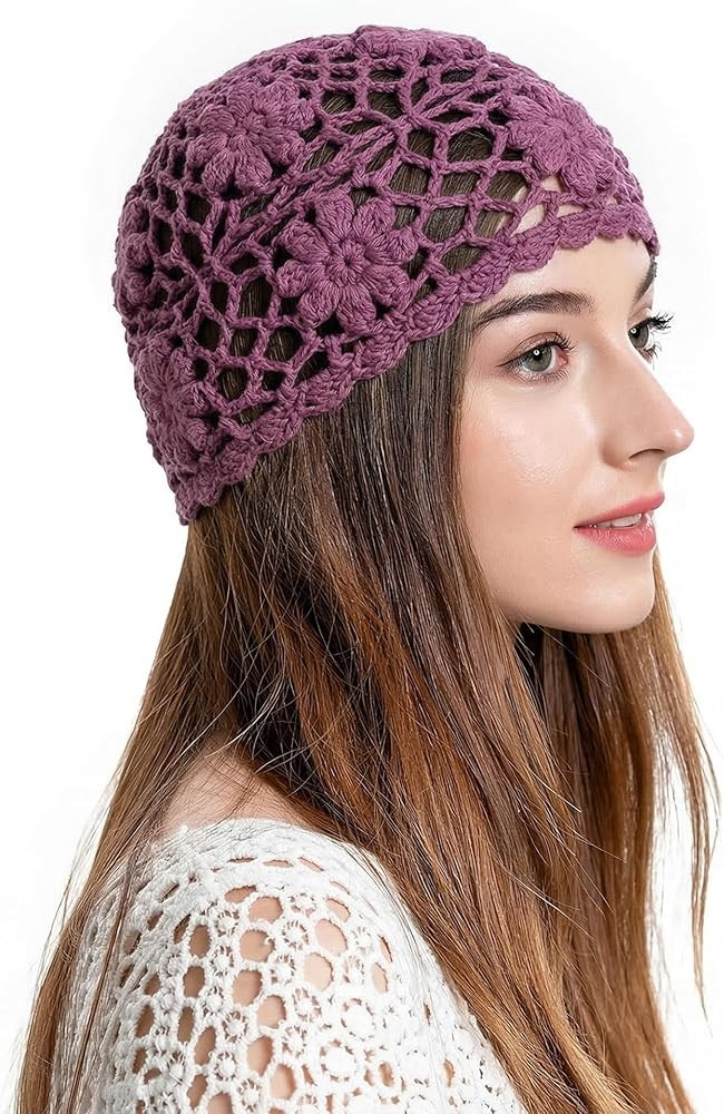 ZLYC Women Cotton Crochet Skull Cap Handmade Knit Cutout Floral Beanie Hat | Amazon (US)