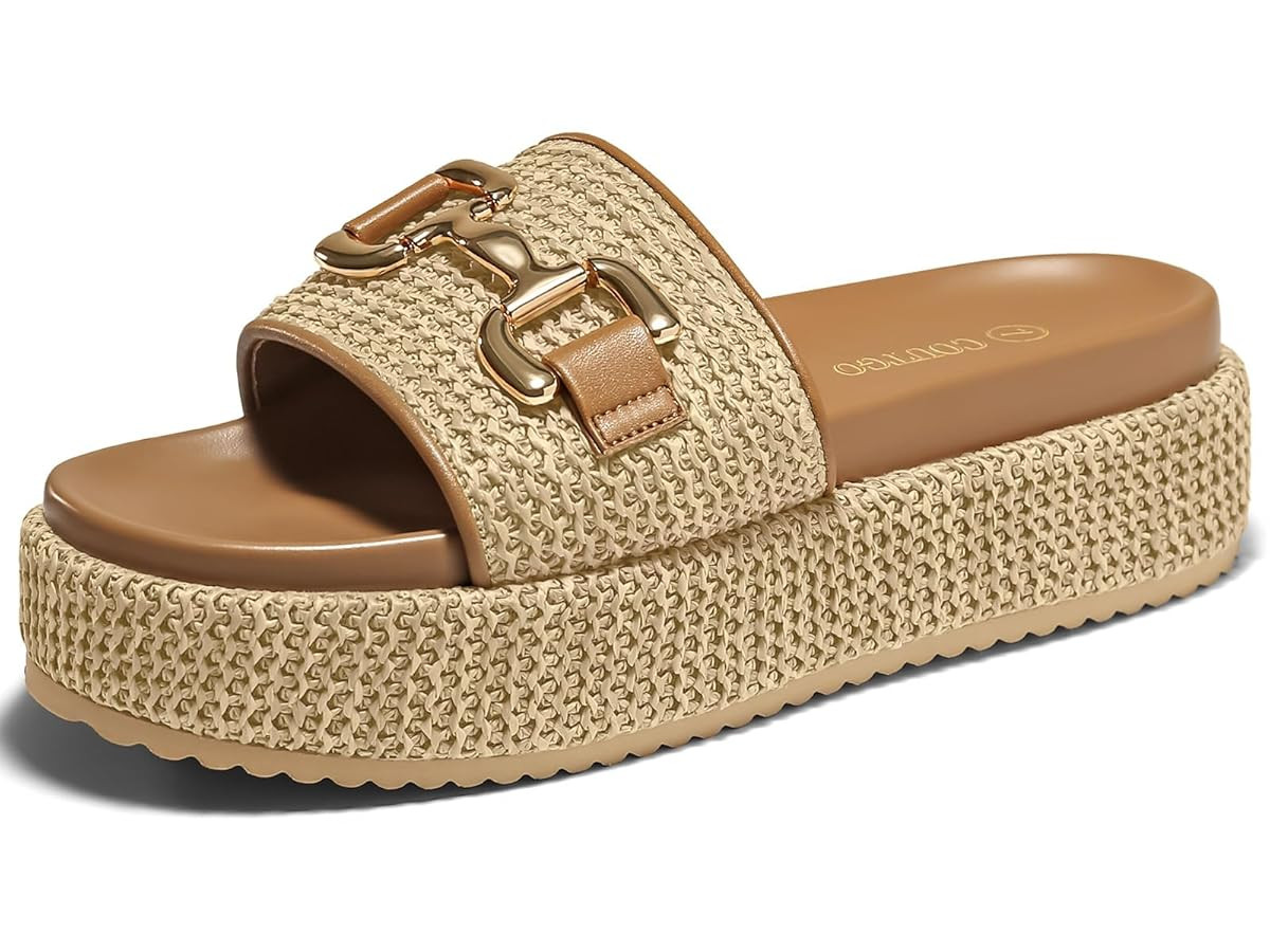 Coutgo Womens Platform Sandals Raffia Espadrilles Metal Chain Slip on Open Toe Cute Beach Slide S... | Amazon (US)