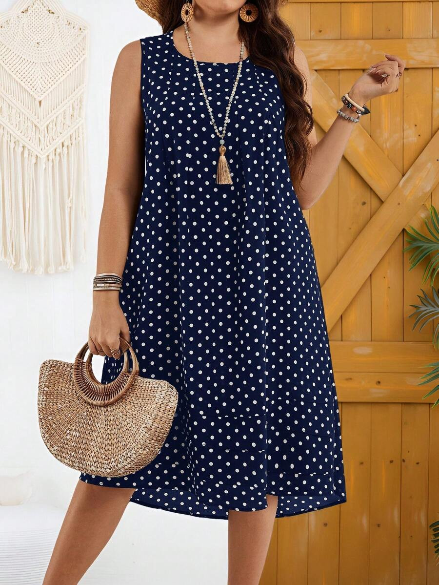EMERY ROSE Plus Size Women Polka Dot Print Round Neck Sleeveless Vacation Dress,Vacation Outfits ... | SHEIN