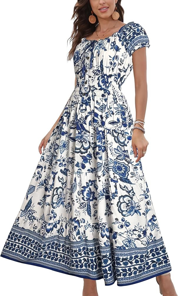 OSTOO Women's 2025 Summer Short Sleeves Boho Floral Print Tiered Casual Flowy Long Maxi Dress | Amazon (US)
