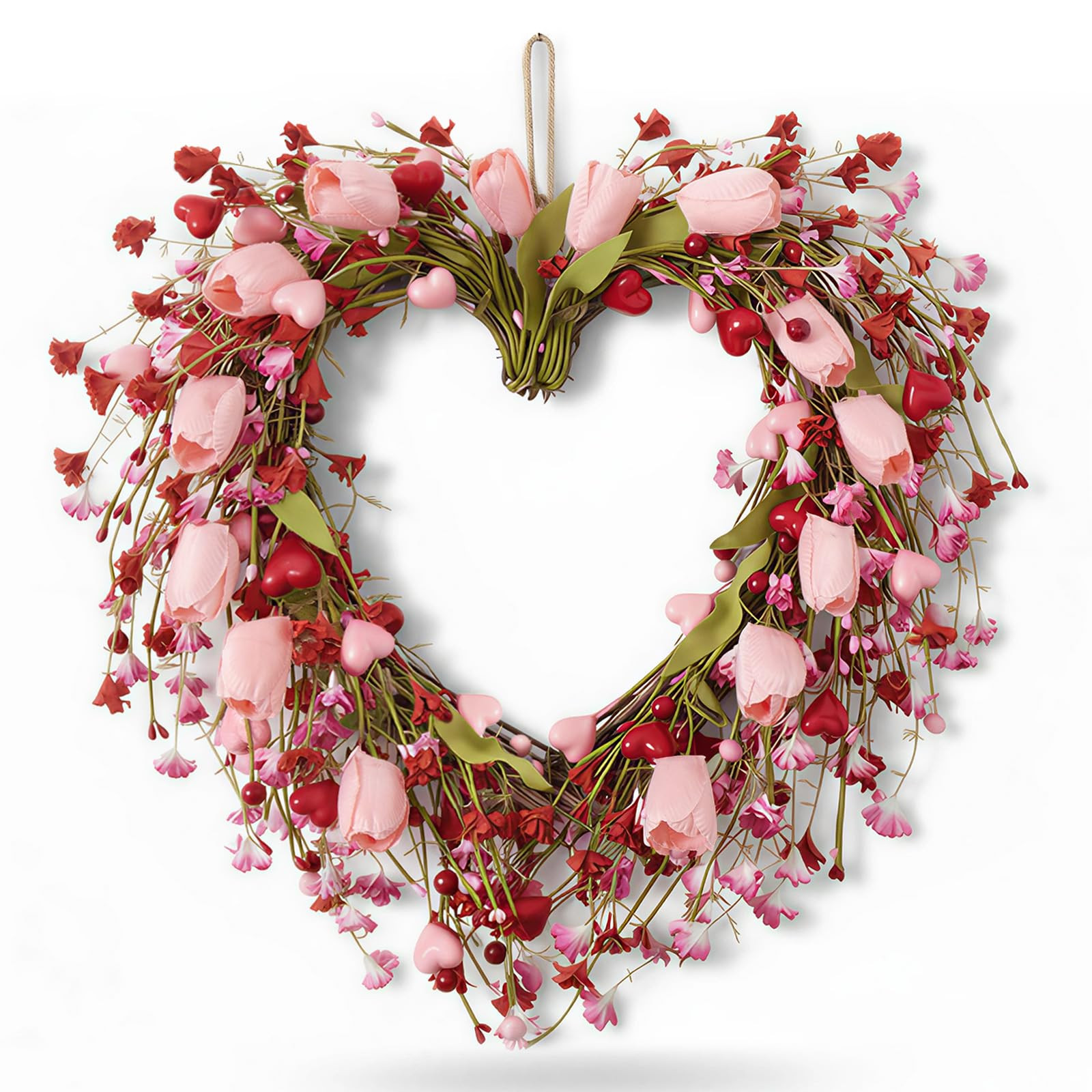 Valentines Day Wreath, Valentines Heart Wreaths for Front Door Decor, Pink Tulip Wreath with Hear... | Amazon (US)