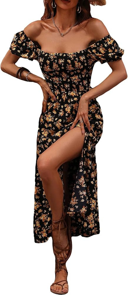 SOLY HUX Women's Floral Boho Off The Shoulder A Line Midi Dress Split Thigh Short Sleeve Swing Su... | Amazon (US)