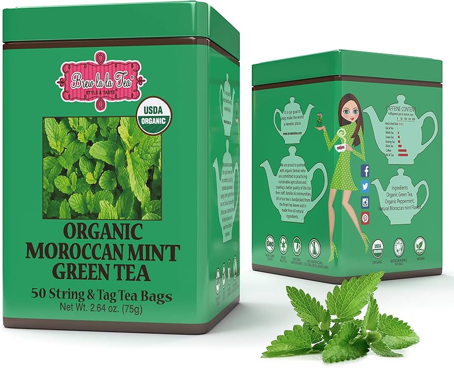 Brew La La Organic Green Tea - Moroccan Mint Flavor - 50 Double Chambered Tea Bags - Low Caffeine... | Amazon (US)