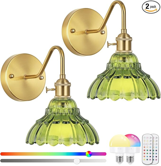 Vintage Battery Operated Wall Sconces Set Of Two, Indoor not Hardwired Brass Green Glass Lampshad... | Amazon (US)