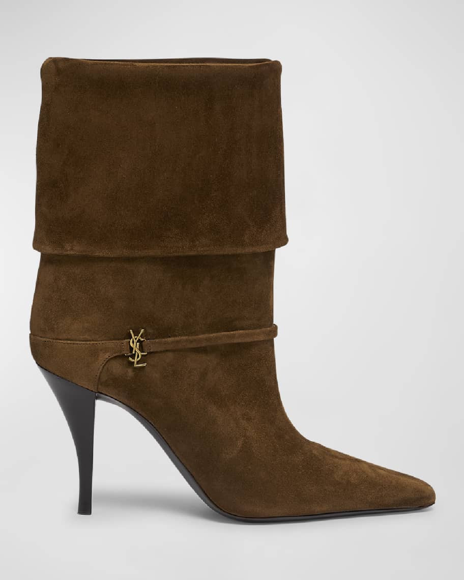 Saint Laurent Niki Suede YSL Stiletto Ankle Booties | Neiman Marcus