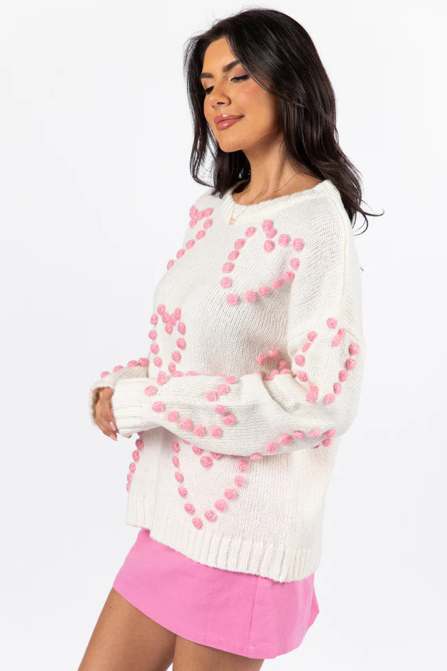 Adore You Ivory and Pink Oversized Heart Pom Sweater FINAL SALE | Pink Lily