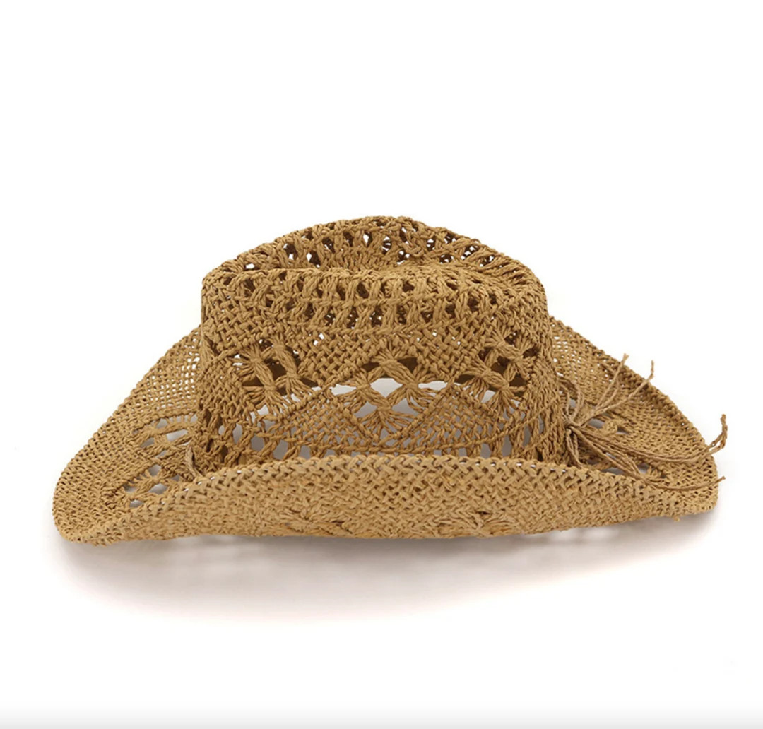 Handmade Hollowed Cowboy Straw Hat | Women Men Summer Outdoor Travel Beach Hats Unisex Solid West... | Etsy (US)