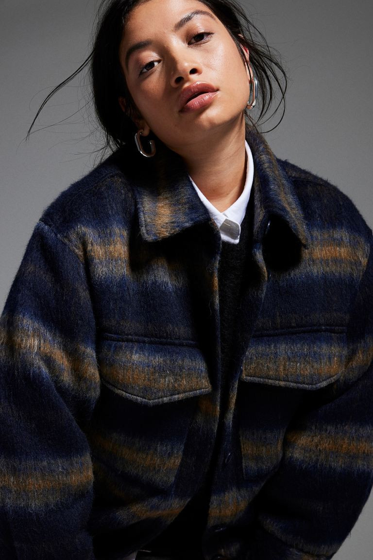 Oversized Wool-blend Shacket - Dark blue/orange striped - Ladies | H&M US | H&M (US + CA)
