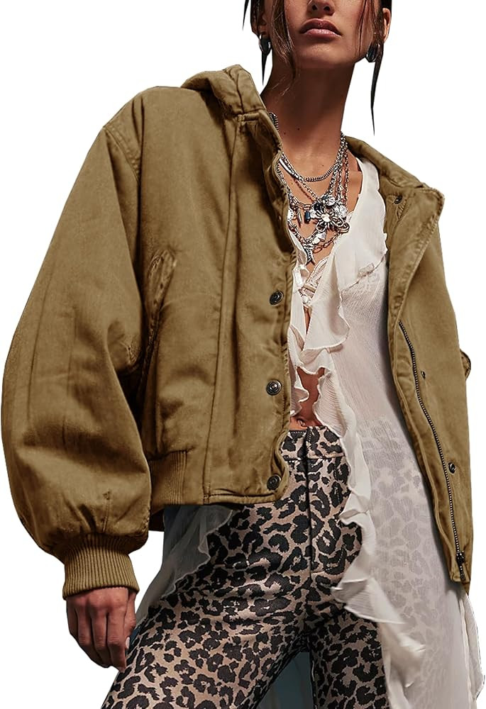 Winter Coats for Women Long Sleeve Fall Bomber Jacket Oversized Vintage Coat Causal Zip Up Scrub ... | Amazon (US)