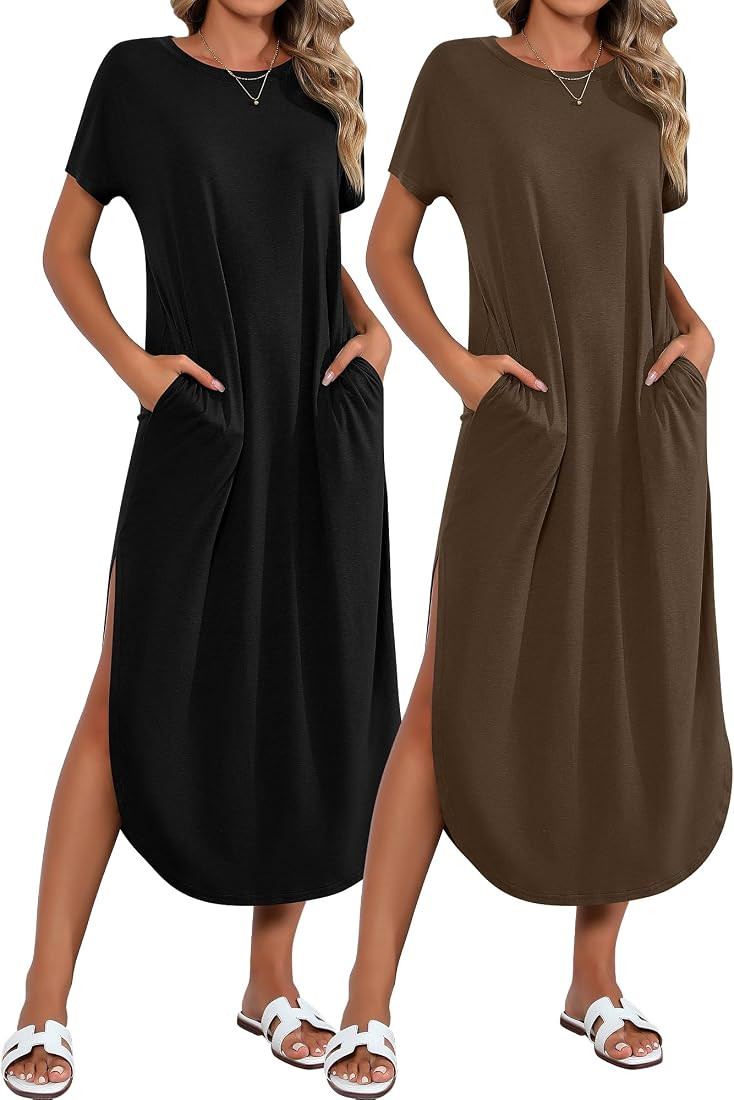 Riyiper 2 Pieces Women's Short Sleeve Maxi Dress Round Neck Casual Loose Split Long Summer Beach ... | Amazon (US)
