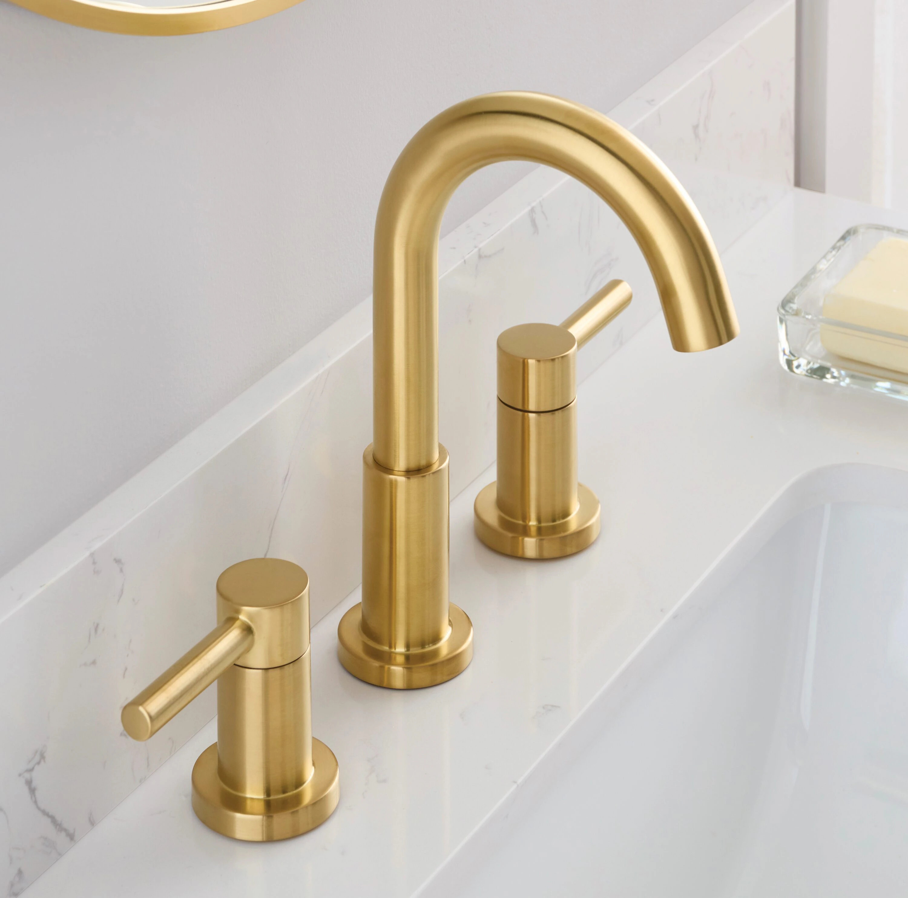 allen + roth Harlow Brushed Gold Widespread 2-handle WaterSense Mid-arc Residential Handle Bathro... | Lowe's