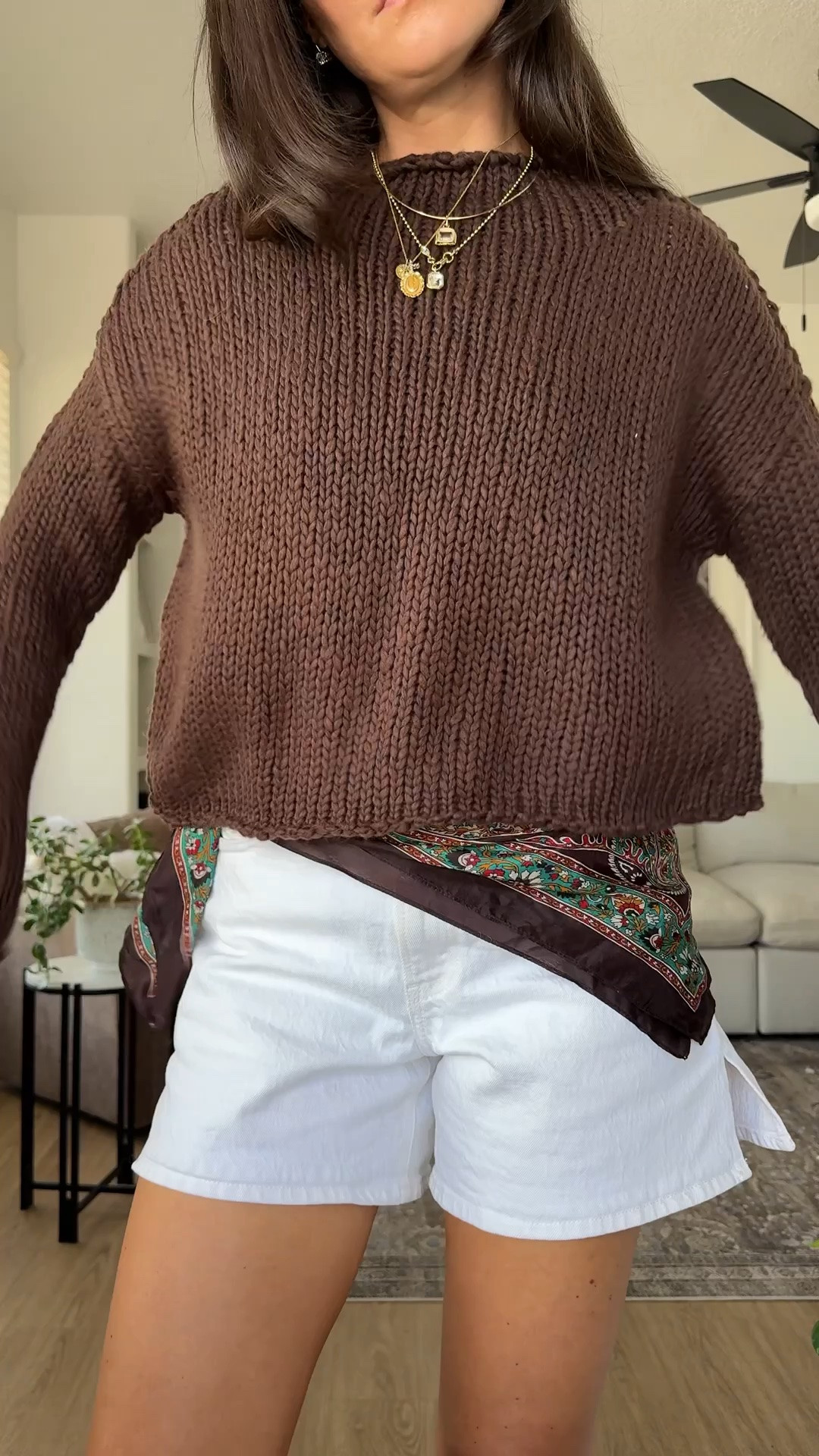 Summer to fall transitional outfit! The shorts are the same style, mine are just last years version which is why they have the cut on the side! I’m wearing XS in the sweater and 25 in the shorts.