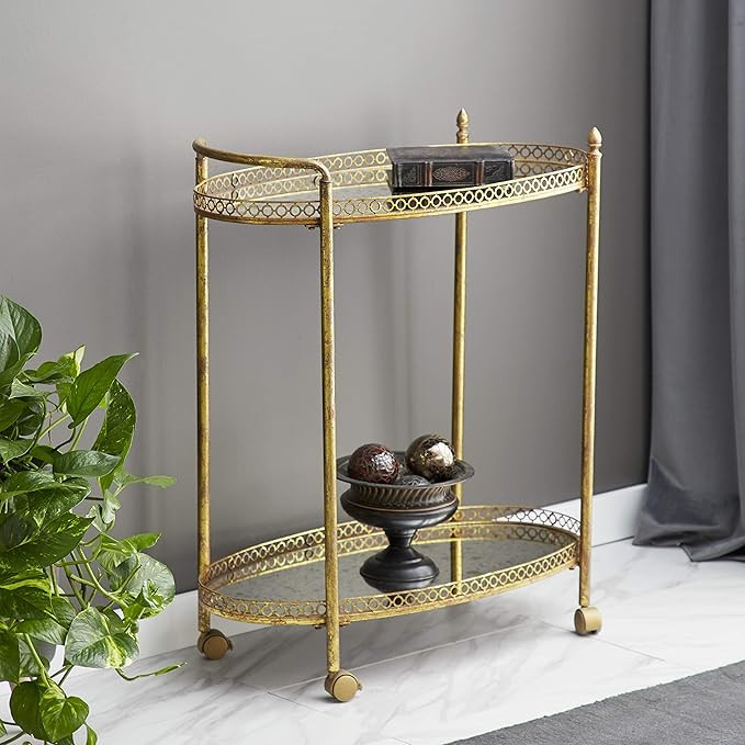 Deco 79 Metal Oval Bar Cart with Lockable Wheels, 30" x 16" x 35", Gold | Amazon (US)