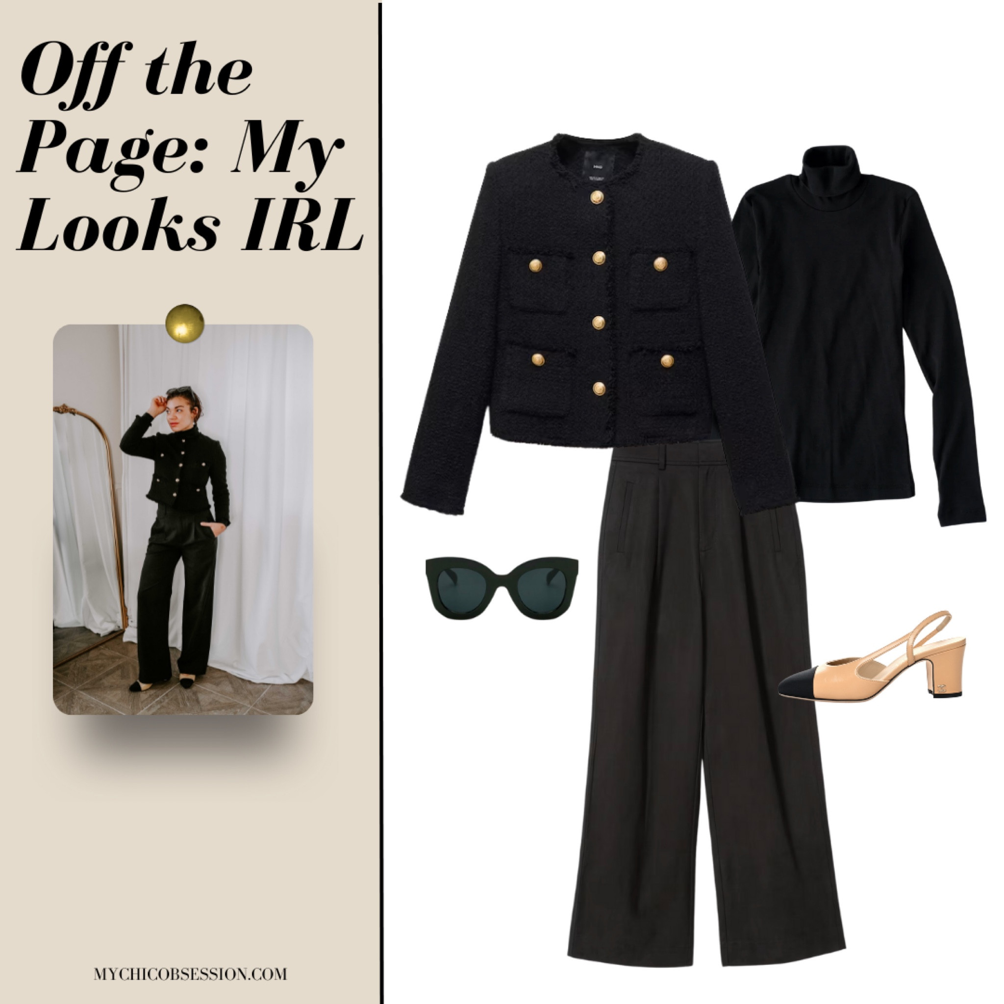 In need of a classic outfit idea? Get inspired by this outfit collage come to life.  This Kotn turtleneck offers a tight fit that makes it good for layering. Though slightly different, I’m linking to Mango’s current season’s lady jacket. Super chic piece. My affordable sunglasses are a classy pick. My Everlane pants are a staple pick - I have them in both size 2 & size 4 and I prefer the tighter fit. Linking similar shoes!

#LTKover40 #LTKstyletip #LTKworkwear