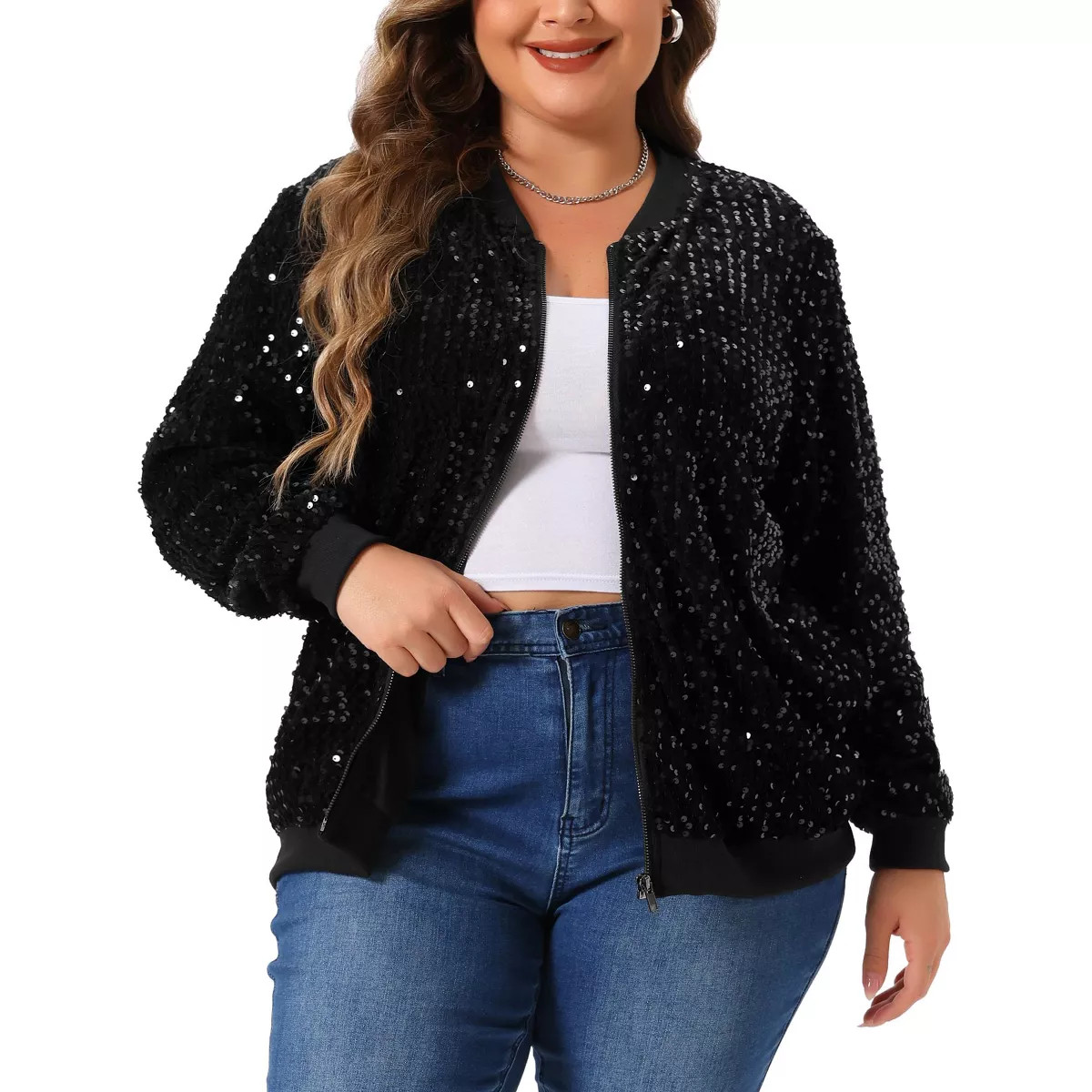 Agnes Orinda Women's Plus Size Long Sleeve Front Zip with Pockets Sequin Bomber Jackets | Target