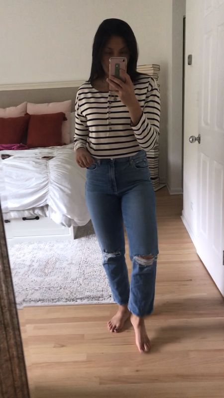 Another great stripe top from sezane. It’s a Breton stripe under their mariniere collection. Fits true to size but has a boxy fit. Love the button details. Wearing my go to straight jeans. They’re ankle length jeans (I’m 5’4”) and they’re the most comfortable jeans. 
Fall style
Fall outfit 
Casual outfit 
Mom style 
Mom outfit


#LTKunder100 #LTKstyletip