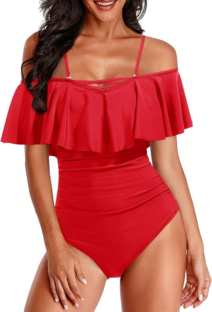 Holipick Women Off Shoulder One Piece Swimsuits Tummy Control Bathing Suits Vintage Ruffle Swimwe... | Amazon (US)