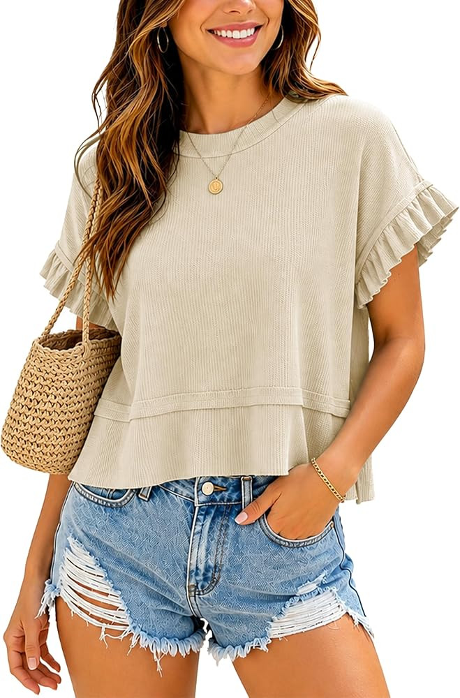 Ynhonra Womens Summer Tops Cropped T-Shirt Ruffle Short Sleeve Crewneck Waffle Knit Top Boho Tren... | Amazon (US)