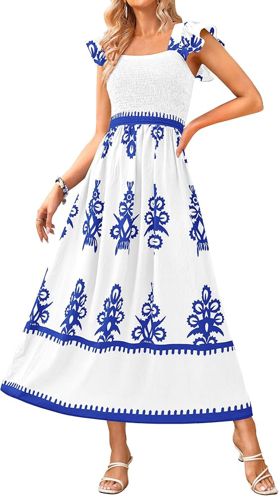 BTFBM Summer Dresses for Women 2026 Floral Smocked Boho Sleeveless Square Neck A Line Casual Beac... | Amazon (US)