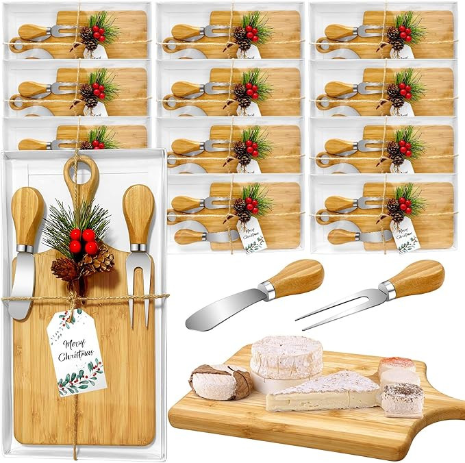 12 Set Christmas Gifts Bridal Shower Favor Bamboo Wooden Square Cheese Board Gift Set Cheese Kniv... | Amazon (US)