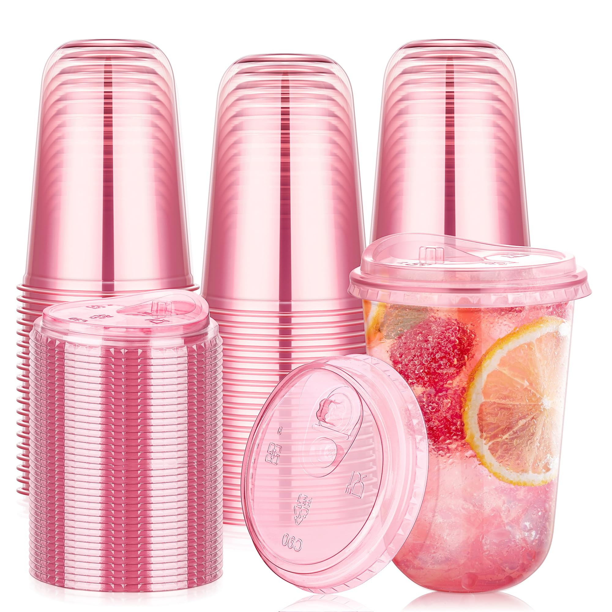 KesaPlan 50 Pack 16 oz Pink Plastic Party Cups with Sip Lids, Disposable Iced Coffee Cup with Lid... | Amazon (US)