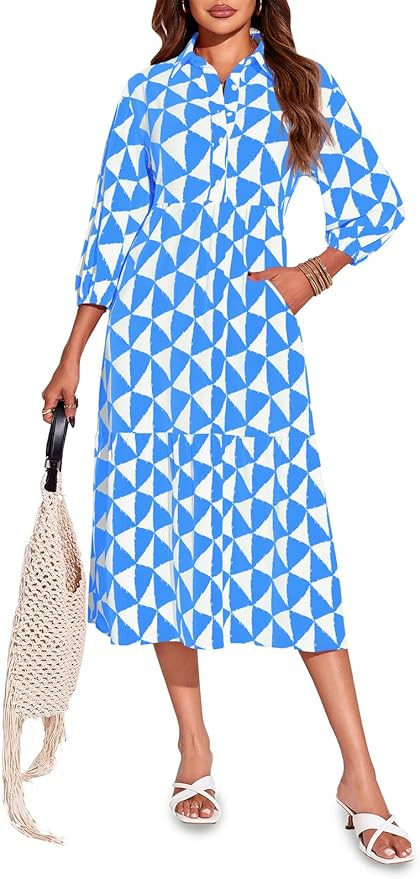 Wenrine Womens Boho Midi Dress Long Sleeve Casual Color Block Beach Button Down Shirt Dress | Amazon (US)