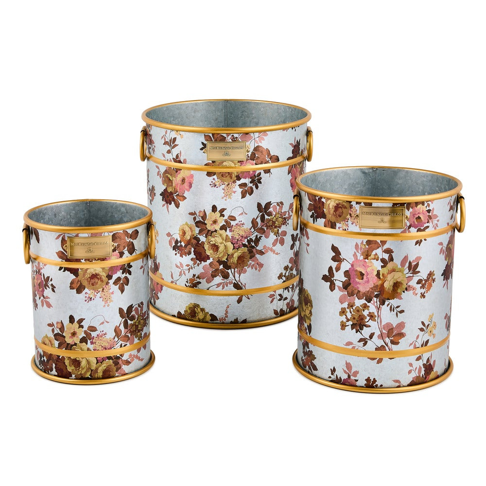Wild Rose Galvanized Planters, Set of 3 | MacKenzie-Childs