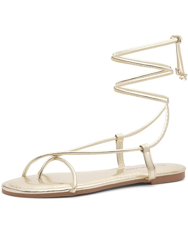 Shoe Land SL-Auday Womens Lace Up Flat Sandals Open Toe Tie Up Ankle Wrap Flat Sandals Black Whit... | Amazon (US)