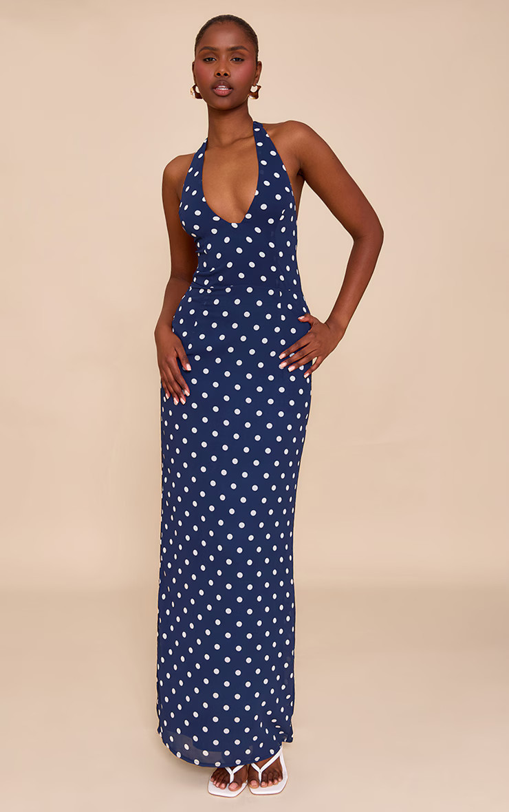 Navy And White Chiffon Polka Dot Printed Plunge Neck Maxi Dress | PrettyLittleThing US