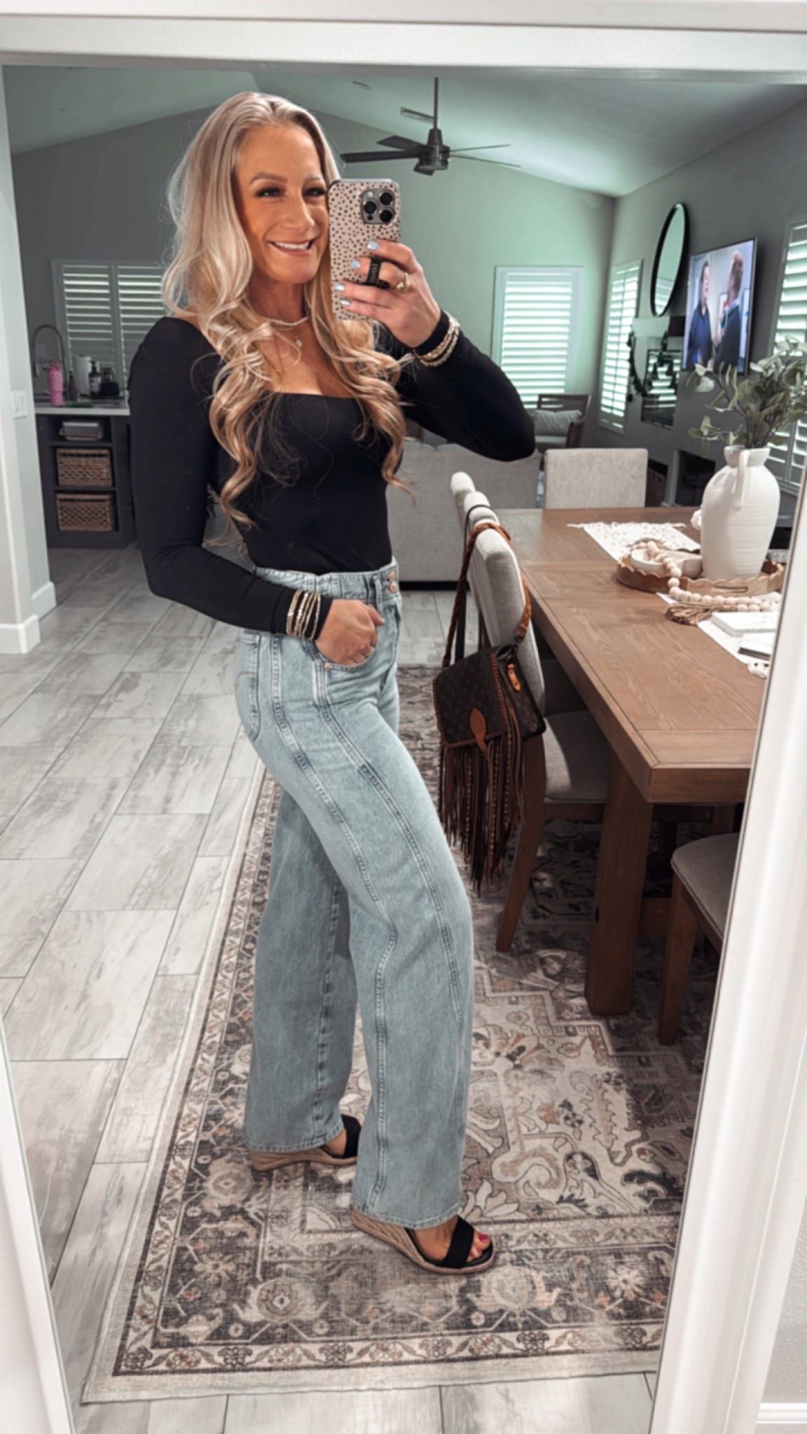 Cutest Free People jeans paired with black espadrilles and black open back bodysuit and gold accessories for date night🥂

Girls night wedges straight leg jeans wide leg long sleeve bodysuit going out look Amazon Zara body suit 
