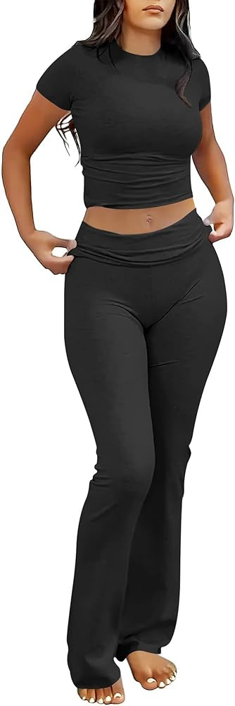 ANRABESS Lounge Sets for Women 2 Piece Foldover Yoga Flare Leggings Pants Crop Tops Casual Y2K Ou... | Amazon (US)