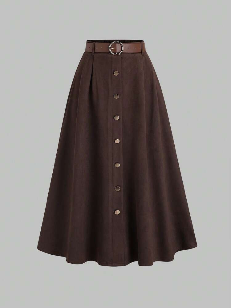 Sweetra Women's Coffee Brown Suede Faux Skirt With Single-Breasted Design, Autumn/Winter | SHEIN