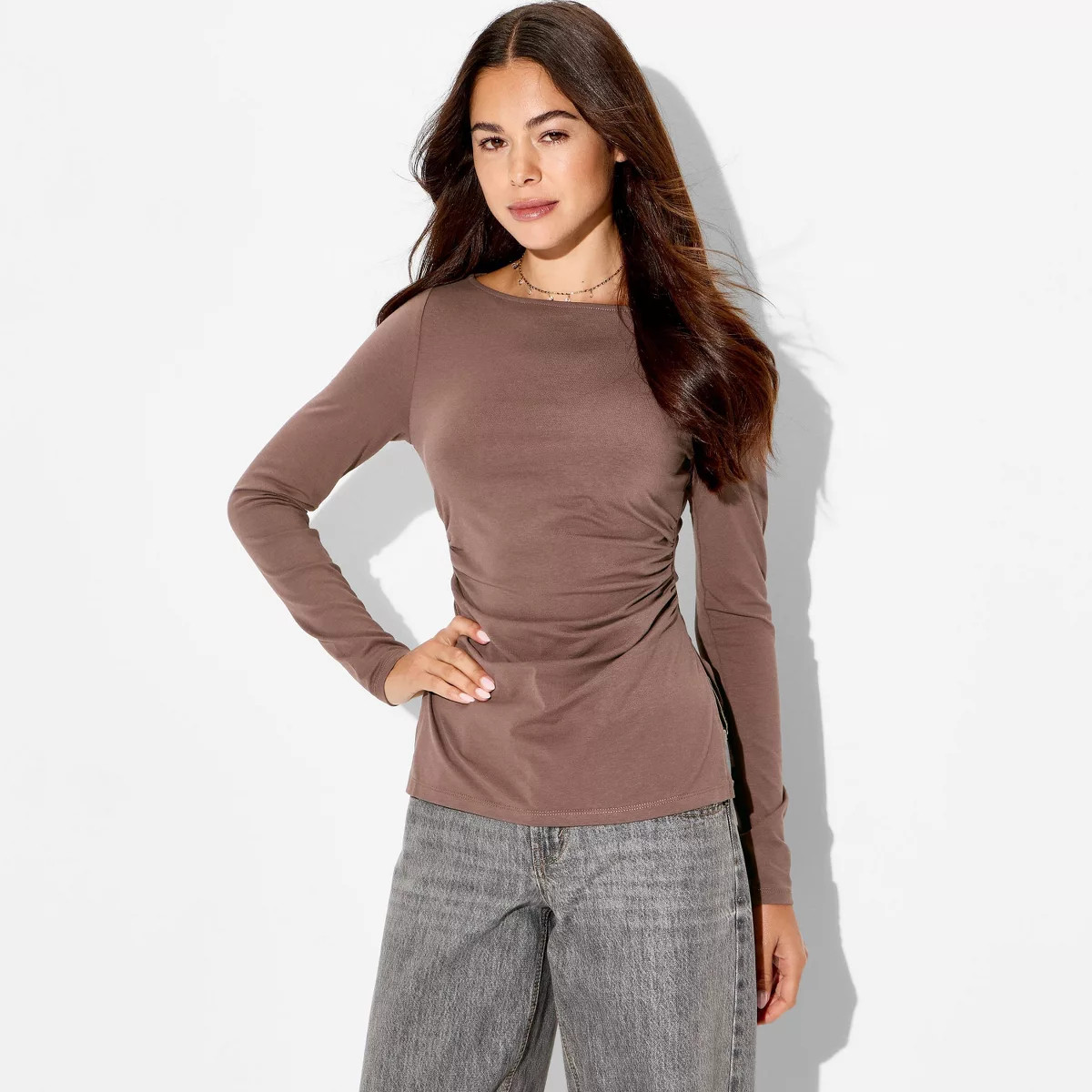 Women's Side Ruched Long Sleeve Boat Neck Blouse - Wild Fable™ | Target