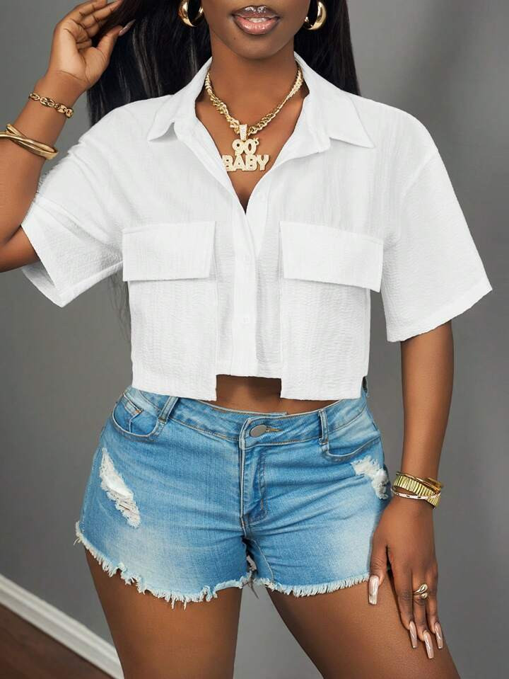Slaydiva 2025 New Ladies Casual Stree Pocket Short Sleeve Shirt Collar Loose Crop White Drop Shou... | SHEIN